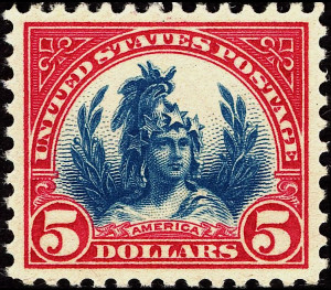 Freedom Stamp $5 - 1923. Photo by U.S. Post Office (2011). Smithsonian National Postal Museum. PD-USGOV. Wikimedia Commons.