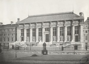 Palais de Justice. Notice the pissoir in the foreground. Photo by Charles Marville (c. 1853). Gift; Government of France; 1880. PD-100+. Wikimedia Commons.