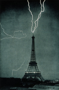 Lightning striking the Eiffel Tower, June 3, 1902 at 9:20 PM. Photo by M.G. Loppé (1902). Photolib.noaa.gov. PD-70+. Wikimedia Commons.